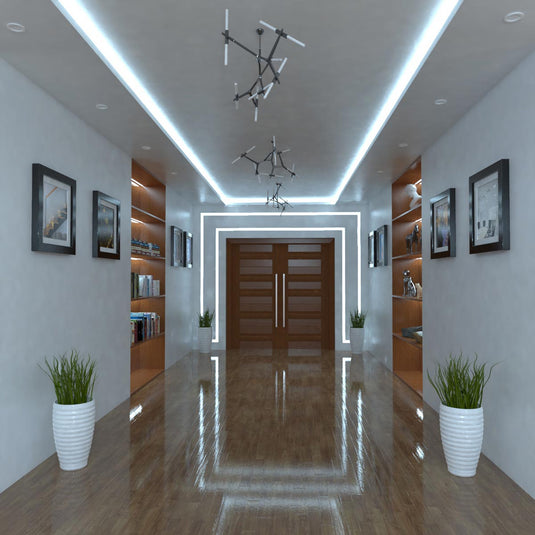 hallway with cool white LED strip lights