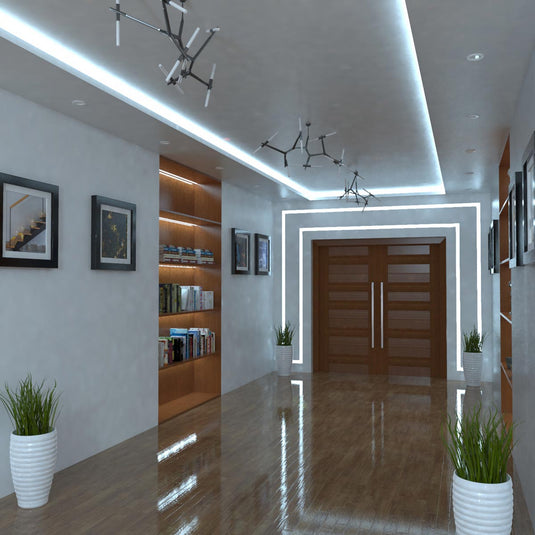 side view of a hallway with cool white LED strip lights