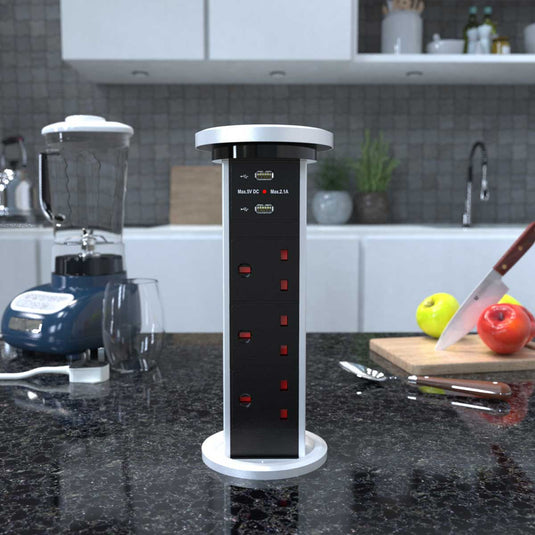 Motorised pop up plug socket with a blender and chopping board