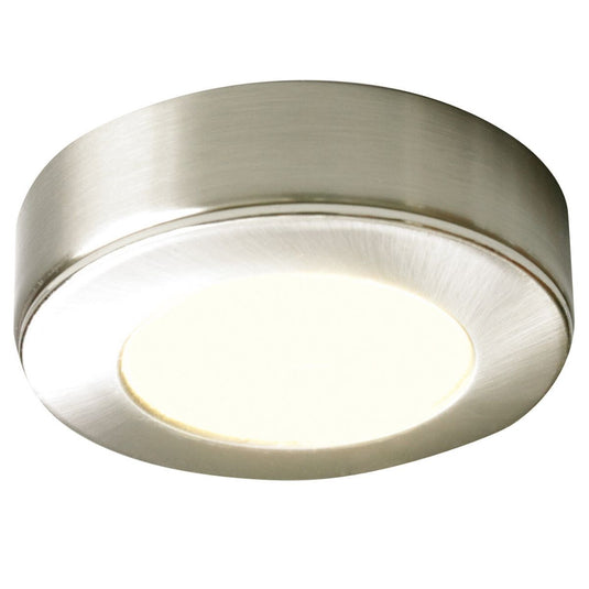 surface mounted under cabinet light in brushed chrome with warm white light